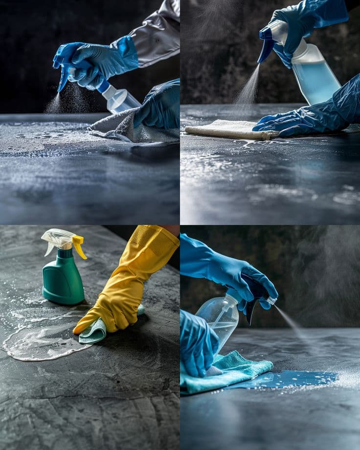 Surfaces being sprayed and wiped down during an intensive deep clean