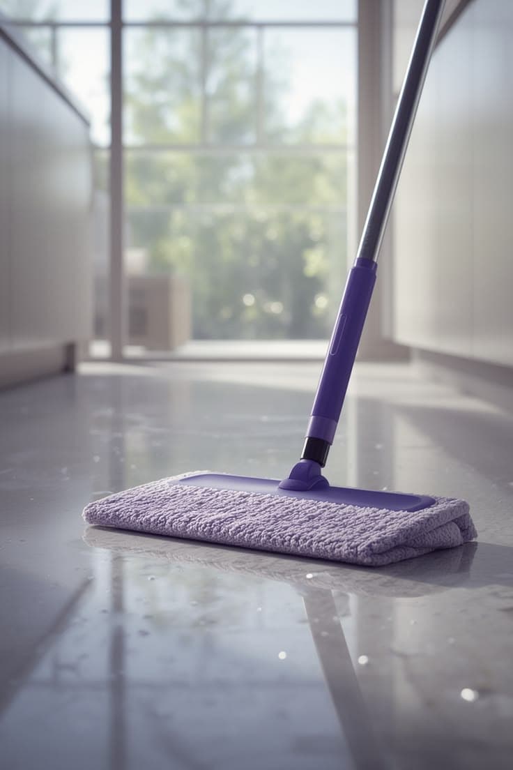 Microfibre flat mop gliding across a polished office floor